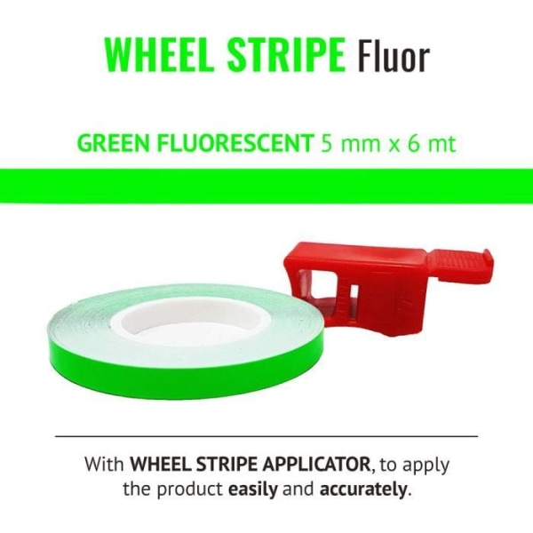 Wheel Stripes Fluorescerande självhäftande remsor för motorcykelfälgar med applikator, fluorescerande grön, 5 mm x 6 mt