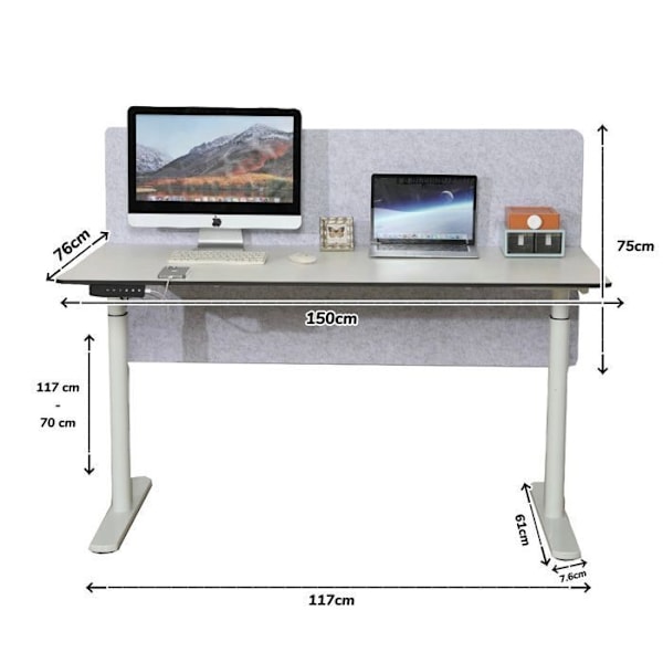 Radlove 150 cm elektrisk sitt-stående skrivbord, 2 motorer, höjdjusterbart upprätt skrivbord, vit, kompaktlaminat, snabbladdning Vit