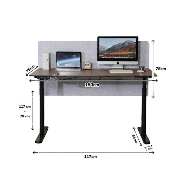 Radlove 150 cm elektrisk sitt-stående skrivbord, 2 motorer, höjdjusterbart upprätt skrivbord, brun, kompaktlaminat, snabbladdning Svart