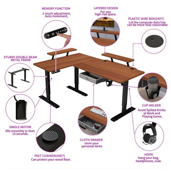 Radlove 160x120cm L Form Höjdjusterbart hörnskrivbord - Elektriskt höjdjusterbart sitt-stående skrivbord, ekfärg Beige