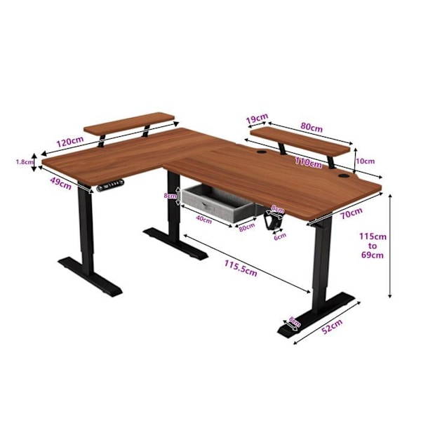 Radlove 160x120cm L Form Højdejusterbart hjørneskrivebord - elektrisk højdejusterbart sidde-stå skrivebord, eg farve Beige