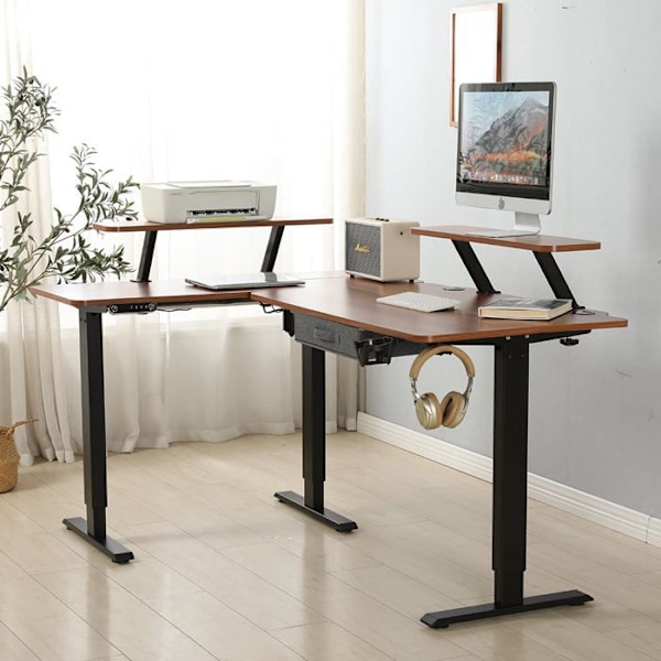 Radlove 160x120cm L Form Højdejusterbart hjørneskrivebord - elektrisk højdejusterbart sidde-stå skrivebord, eg farve Beige
