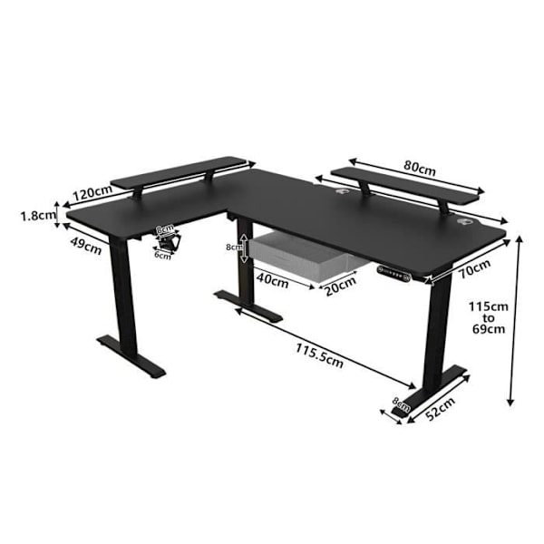 Radlove 160cm L Form Højde Justerbart Skrivebord-Elektrisk Højde Justerbart Sidde-Stå Skrivebord, Sort Svart