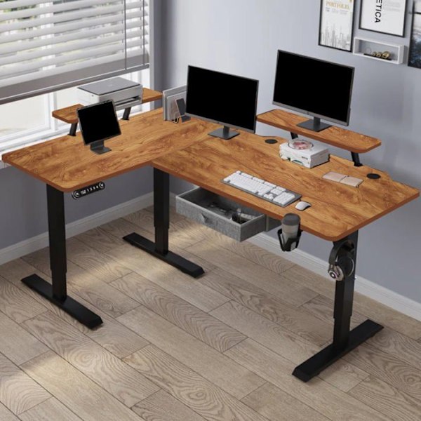 Radlove 160x120cm L Form Højdejusterbart hjørneskrivebord - elektrisk højdejusterbart sidde-stå skrivebord, retro farve kastanj