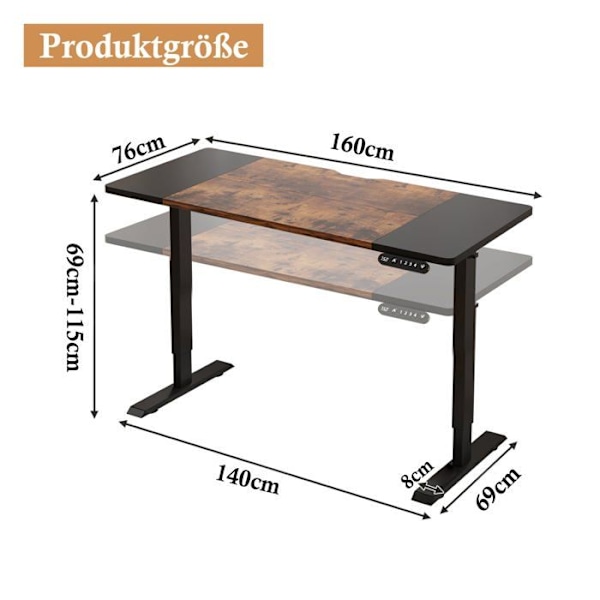 Radlove 160x76cm Höjdjusterbart datorbord - elektriskt höjdjusterbart sitt-stående skrivbord, färg brun+svart Brun + Svart