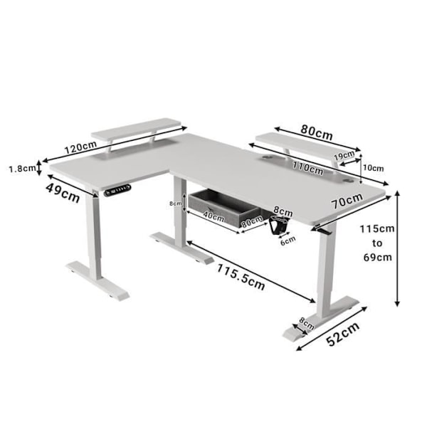 Radlove 160cm L Form Höjdjusterbart skrivbord-Elektriskt Höjdjusterbart Sitt-Stå Skrivbord, Vit Vit