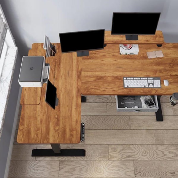 Radlove 160x120cm L Form Højdejusterbart hjørneskrivebord - elektrisk højdejusterbart sidde-stå skrivebord, retro farve kastanj
