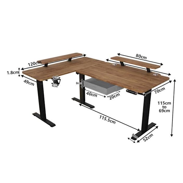 Radlove 160 cm L Form Højdejusterbar Skrivebord - Elektrisk Højde Justerbar Sid-Stå Skrivebord, Retro træfarve kastanj