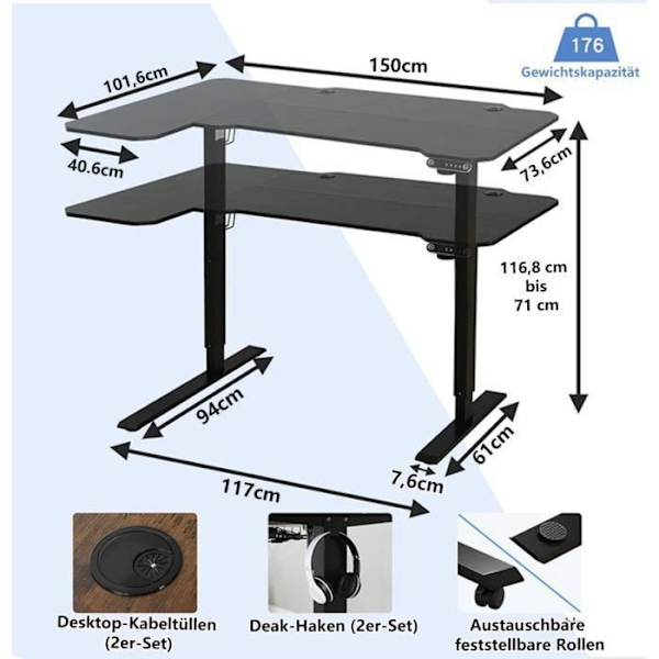 150 cm L Form Hörn Skrivbord-Classic Sit Stand Skrivbord elektriskt höjdjusterbart med 4 minneskontroller (svart) Svart