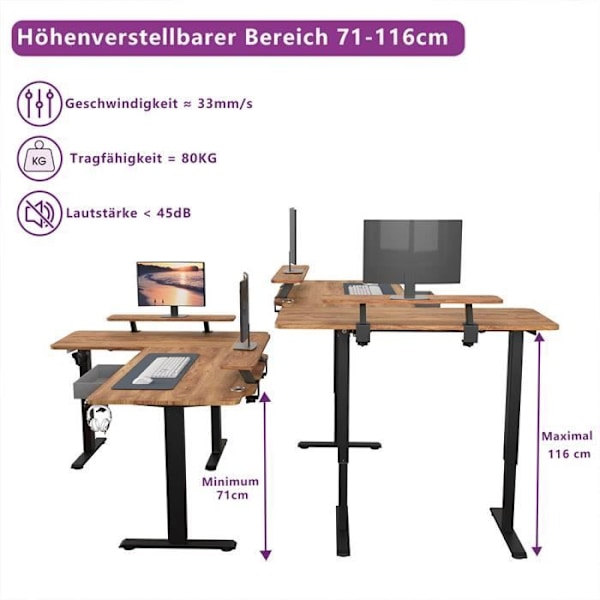 Radlove 160 cm L Form Højdejusterbar Skrivebord - Elektrisk Højde Justerbar Sid-Stå Skrivebord, Retro træfarve kastanj