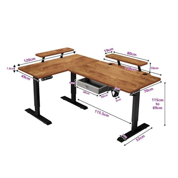 Radlove 160x120cm L Form Højdejusterbart hjørneskrivebord - elektrisk højdejusterbart sidde-stå skrivebord, retro farve kastanj