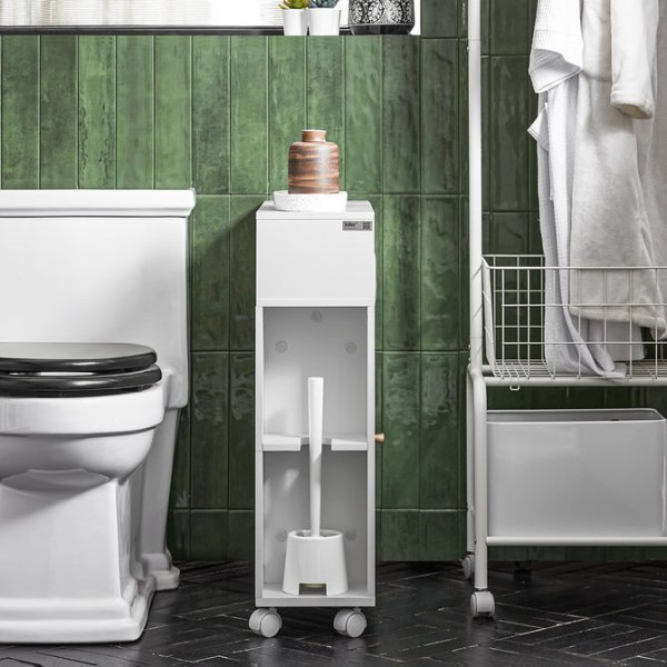 SoBuy WC paperiteline kylpyhuone kaappi pyörien kanssa BZR117-W White Toilet paper holder