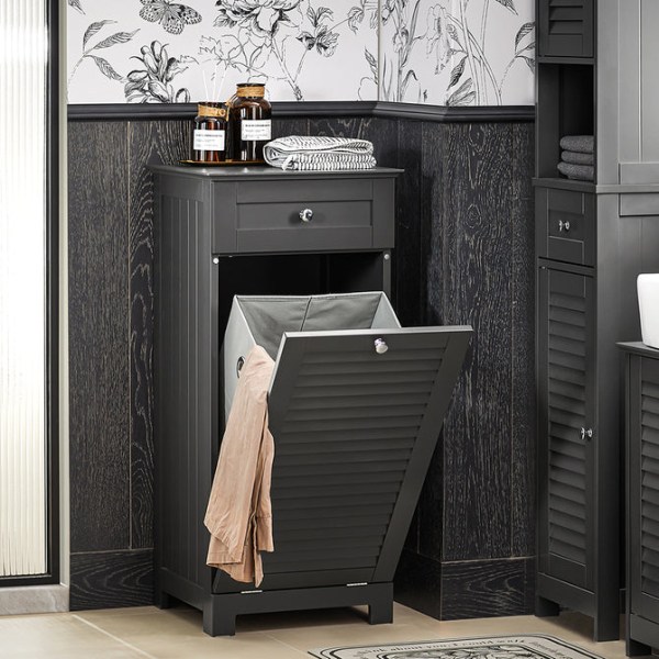 SoBuy Badeværelsesskab med Vasketøjskurv med skuffe BZR73-DG Grey Laundry cabinet