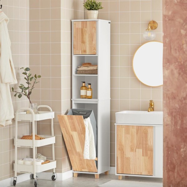 SoBuy Badrumsskåp med tvättkorg Badrumshylla Högskåp BZR74-W Laundry cabinet