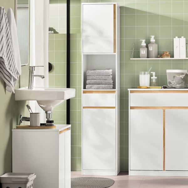 SoBuy Højskab Højskab badeværelse med skuffe 5 hylder BZR80-W White High cabinet