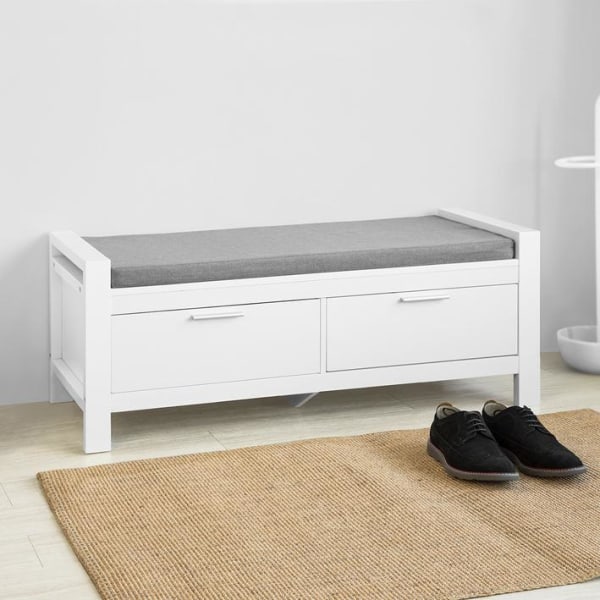 SoBuy Hvid skobænk med grå hynde og 2 skuffer FSR74-W White W100 × D40 × H40cm