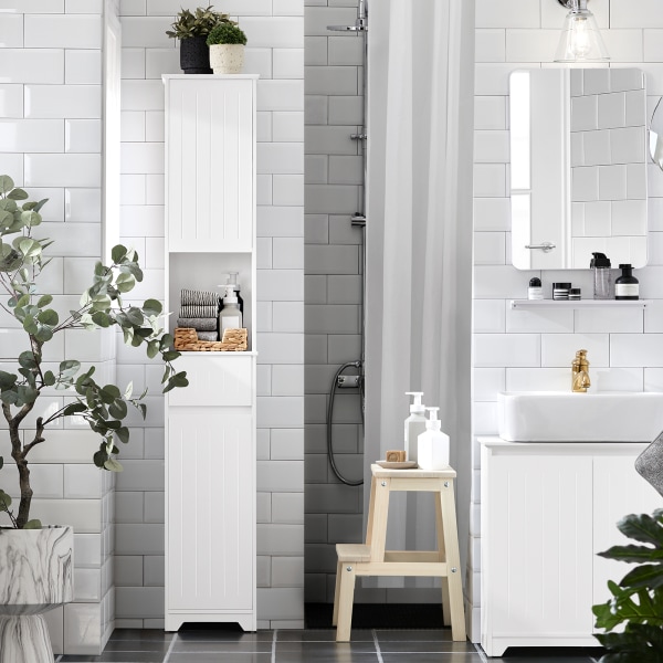 SoBuy Højskab med låger Højskab badeværelse med hylder BZR109-W High cabinet