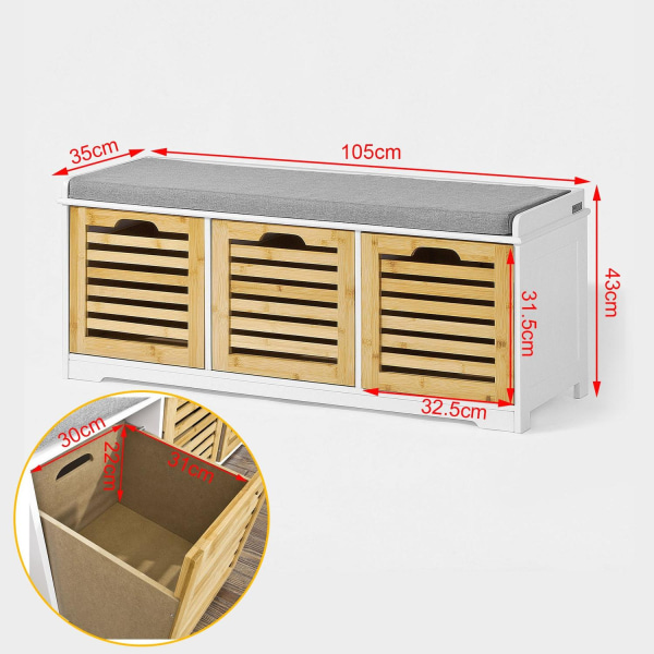 SoBuy Skobænk med hynde og 3 store skuffer FSR23-WN Wood Bench with 3 baskets
