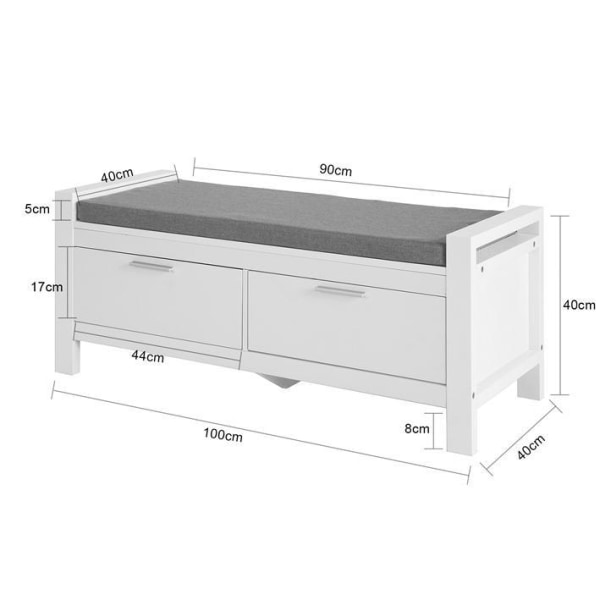 SoBuy Hvid skobænk med grå hynde og 2 skuffer FSR74-W White W100 × D40 × H40cm