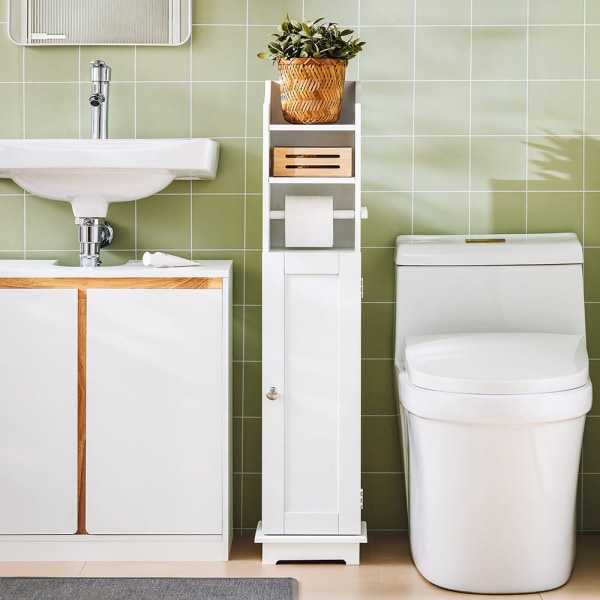 SoBuy Fritstående badeværelsesskab med toiletruller FRG177-W White W23 x D18 x H100cm