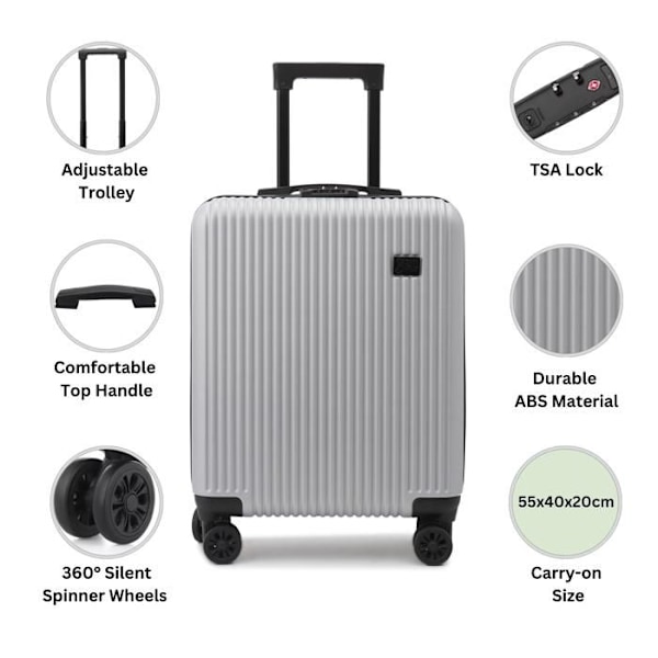 CabinFly Cruisair Ryanair 55x40x20 cm Kabine Kuffert Prioritet Kuffert Bagage med Håndtag ABS Hårdfør 4 Hjul 360° Grå