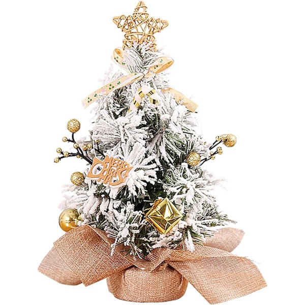 Miniatyr kunstig juletre med gullfarget snø