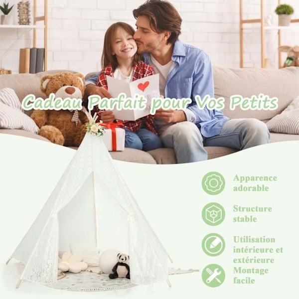 COSTWAY Suuri lasten tipi-leikkiteltta romanttisilla pitsivaloilla, prinsessatyyli Vit