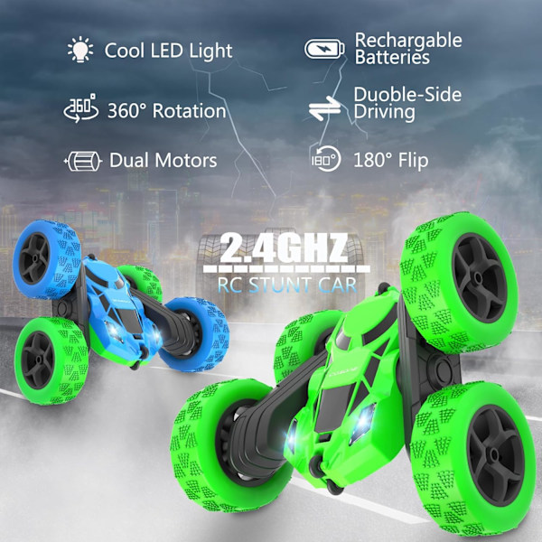 Radiostyrt Bil - RC-Biler for Gutter - 4WD 2.4Ghz Dobbeltsidig 360° Rotasjon-RC-Biler, Bursdagsgaver for Barn 6 7 8-12 - Grønn