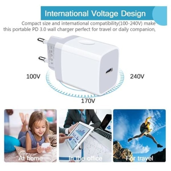 iPhone hurtiglader USB-C strøm 20W + 2m kabel hvit -