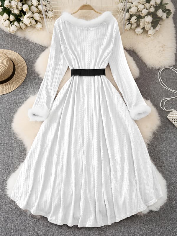 Plus Size Dam Julkväll Swingklänning Långärmad V-ringad Jacquard med Bälte White 2XL