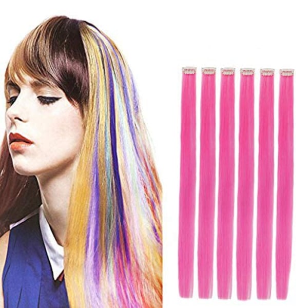 Creamily 50 cm Clip-in Hår Extensions Glat Hot Pink Party Highlights Syntetisk Hår Extension til Kvinder Piger (6 Stk./Pakke)