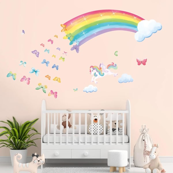 Regnbåge Väggdekaler Enhörning Regnbåge Fjärilar Moln Väggdekaler Baby Flickor Sovrum Vardagsrum Väggdekaler