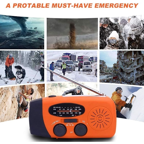 Værrradio, Solradio, Nødveiv Selvdrevet AM/FM Solværrradio med LED-lommelykt, WB-radio med batteribackup-KK1- Orange
