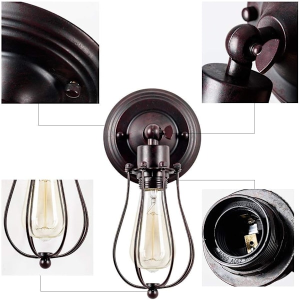 Retro vegglampe, industriell belysning, justerbar sokkel, rusten w