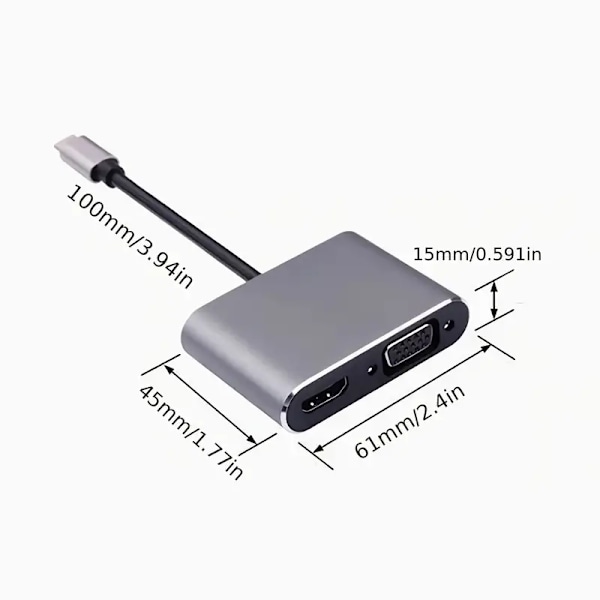 USB-C-hubi HDMI:hen, VGA:han ja useisiin portteihin, 4-in-1 USB-C - VGA - moniporttisovitin
