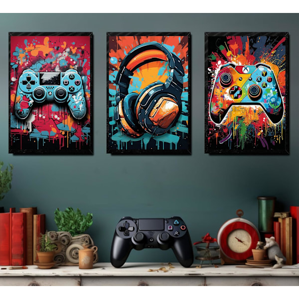 3 stk. Kult Gaming Veggkunst Retro Videospill Akvarell Posters Bilder Fargerike Neon Gamepad Lerret Trykk 12x16in Uinnrammet