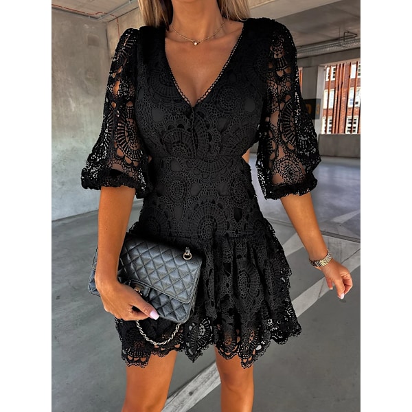 Dame Blondekjole Elegant Slank V-udskæring Casual Halv Ærme Udskåret Løs Minikjole Sort Black Black S