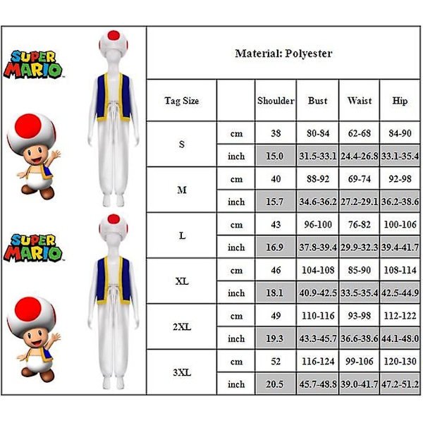 Voksen Super Mario Bros 2 Toad Cosplay Party Kostume Toppe+Bukser+Hat Sæt Gaver 1964