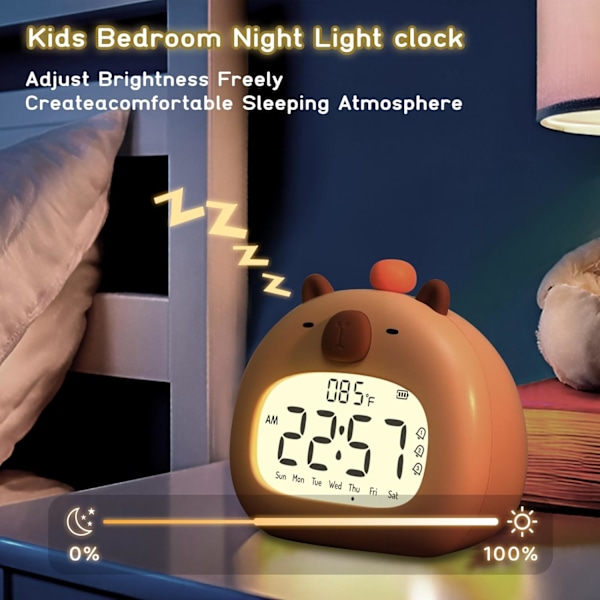 Trådløs vækkeur til soveværelser, enkel digital ur med høj bip, sød Kapibara natlampe dæmpbar, børns vækkeur, drenge