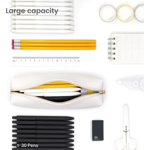PU Blyantspenal Etui Bærbar Skrivebordsmappe Stor Kapacitet Blyantpung Kosmetik Organizer Taske til Studerende Pige eller Dreng, Beige