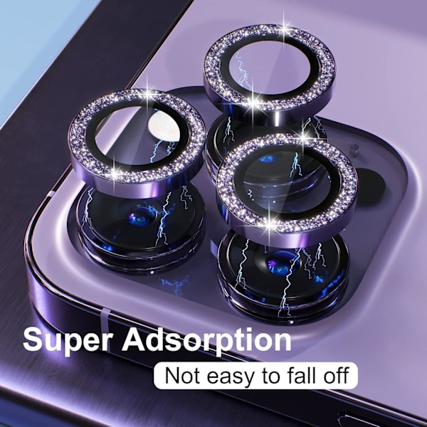 [3+1] til iPhone 14 Pro/iPhone 14 Pro Max Kameraobjektivbeskytter Bling, 9H Hærdet Glas Kamera Dæk Skærmbeskytter Metal, Lilla Glitter