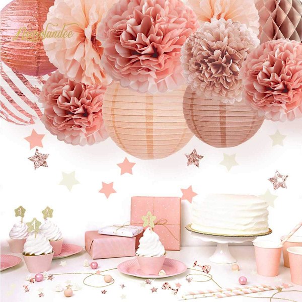 Paket med 12 Roséguld Partydekorationer - Lyktor, Blombollar -XM2-