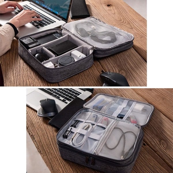 Elektronisk Tillbehörsorganisatör Universal Väska Tillbehör Telefon Laddkabel Powerbank USB-minne SD-kort 3 Nivåer Grå