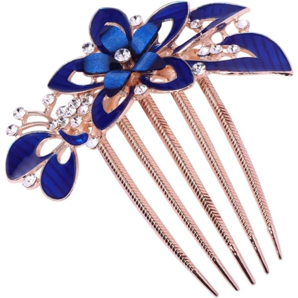 Blomster Brud Hårsida Kam Rhinestone Brudkam Barrette Bröllopshår Tillbehör för Kvinnor (Mörkblå)