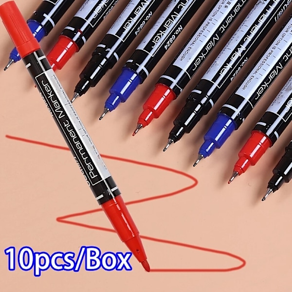 Permanent Marker Pen 0.8/2mm Spids Dobbelthoved Vandtæt Sort Blå Rød Pen Til Studenter Papir Stål CD Glas Klud Farve Kontor Skoleartikler