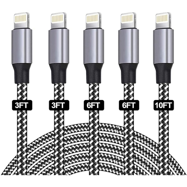 [5-Pakning 3/3/6/6/10FT] Hurtiglader Ladekabel Nylonflettet for iPhone 14/13/12/11/ Pro/Xs Max/X/8/7/Plus/6S/6/SE/5S Pad