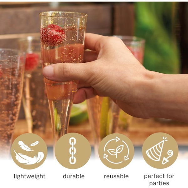 48 Premium Champagneglas i Plast med Guldglitter, 133ml - Återanvändbara Champagneglas, Plastglas, Proseccoglas för Cocktails, Vin Gold