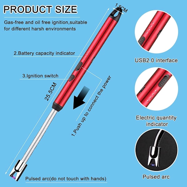 Elektrisk lighter, USB-opladelig buelighter, lang rækkevidde lighter til grill, køkken, komfur og camping (rød) Red