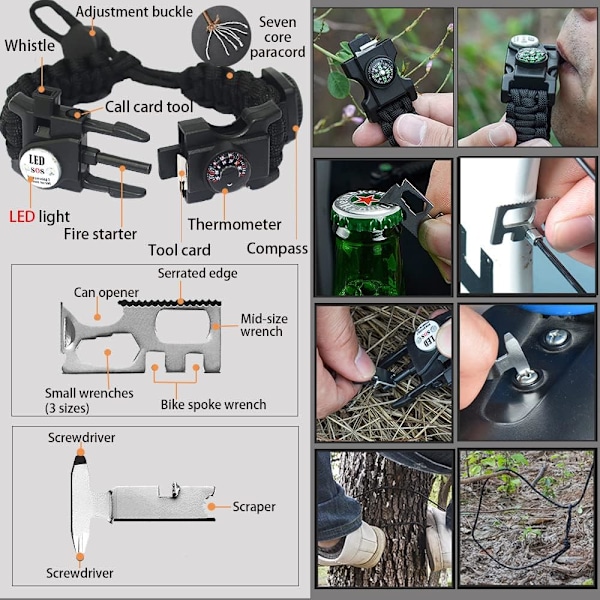 Paracord överlevnadsarmband, eldstål, vattentät SOS-lampa, kompass, visselpipa, 20-i-1, ultimat taktisk överlevnadsutrustning för utomhusbruk, Go Army green black and white