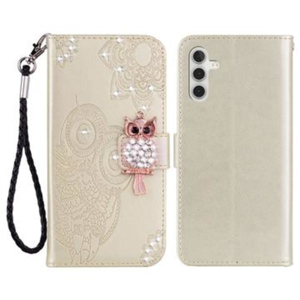Samsung Galaxy A15 Lommebok-etui med ugle og steiner - Gull